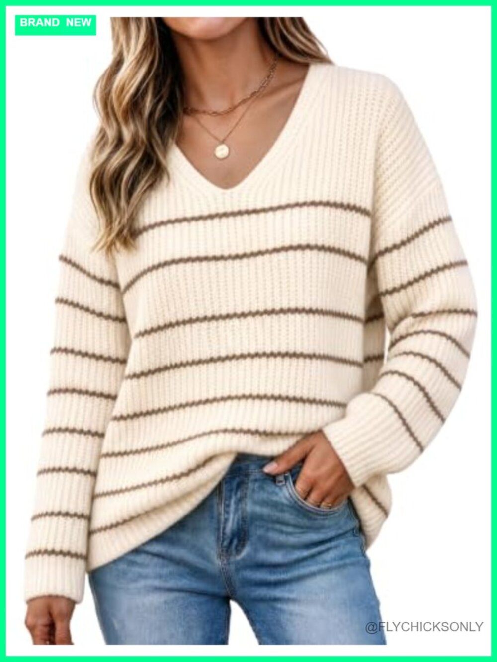 Women's V Neck Long Sleeve Striped Pullover Sweater Light Comfy Fall